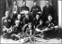 Pictured here from left to right are the following: (front row) Bob Joynt, Charley Mallory, Johnie Carey, Will Henry, Fred Swartz, Archie Henry, and bat boy Dennie LaRue; (back row) Marvin Earley, Charley Warner, Leon LaRue, and George Gregway.